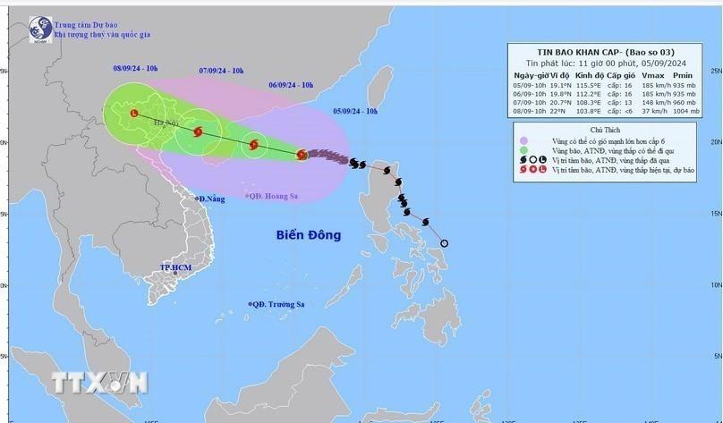 Bản đồ đường đi của bão số 3 lúc 10 giờ ngày 5/9. Ảnh: TTXVN phát